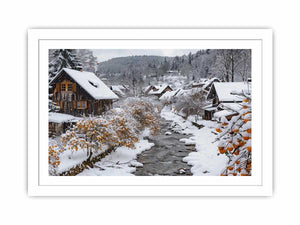 Snowy village creek photography for cozy farmhouse living room decor