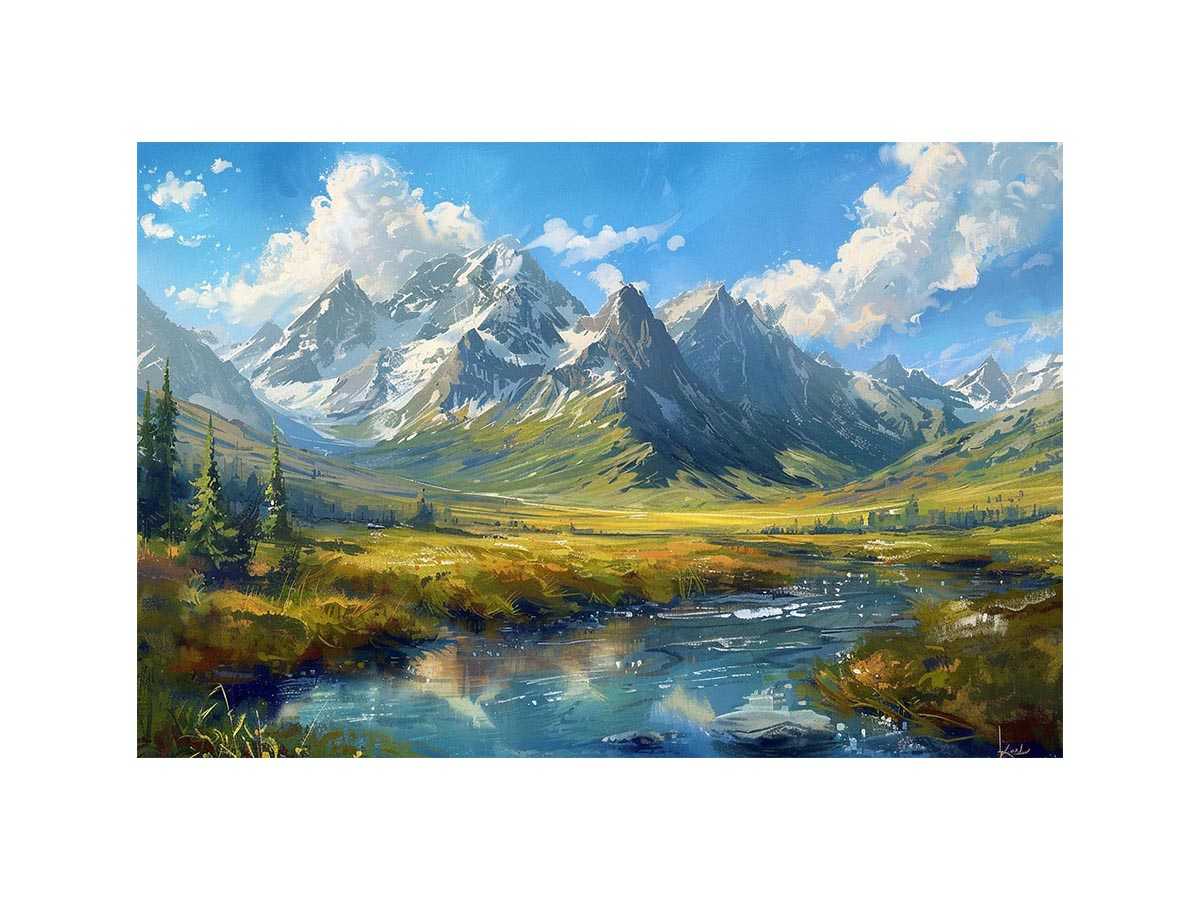 Colorful mountain valley painting for modern living room wall art