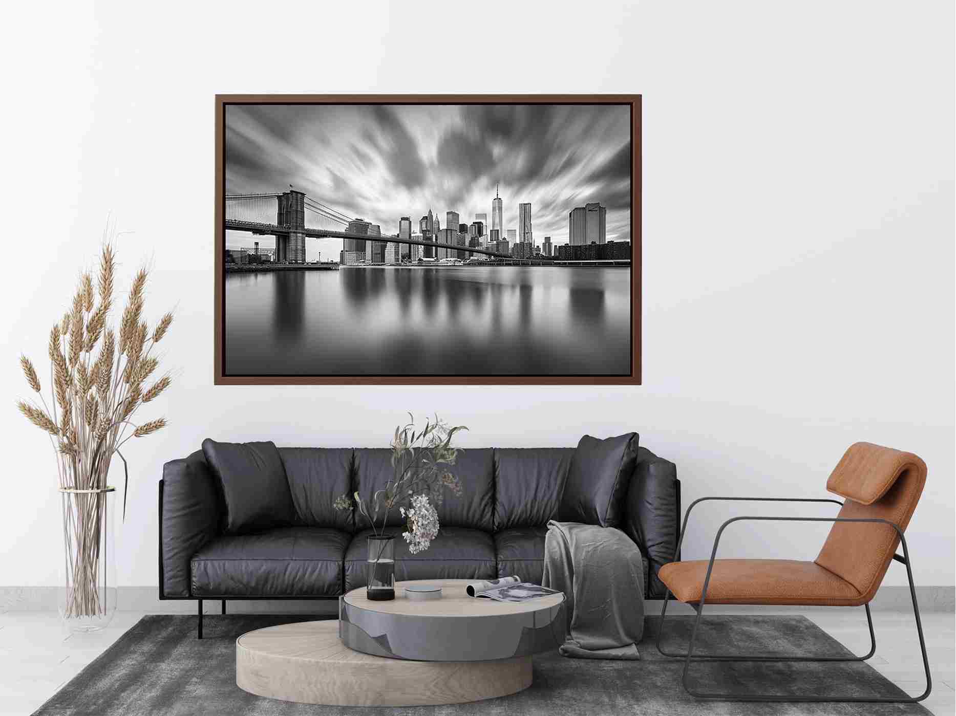 Black and white city skyline photography for modern office wall art