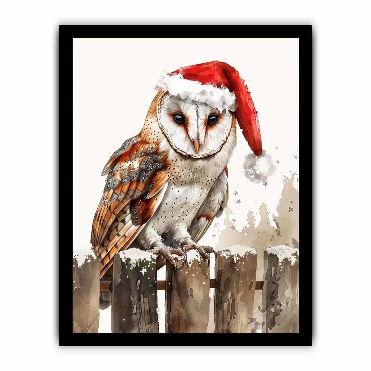 Festive owl illustration with Santa hat for nursery wall decor