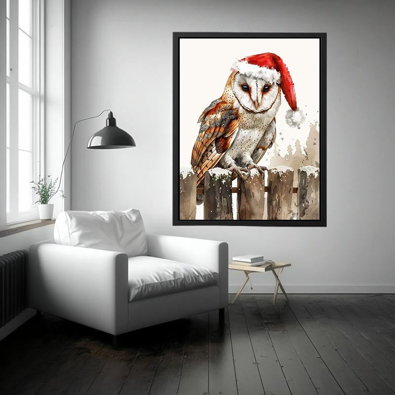 Festive owl illustration with Santa hat for nursery wall decor