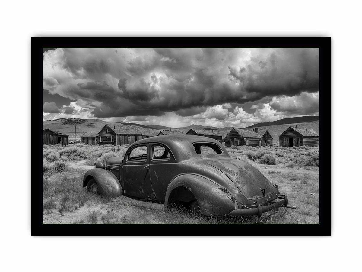Vintage abandoned car photography for rustic office wall decor