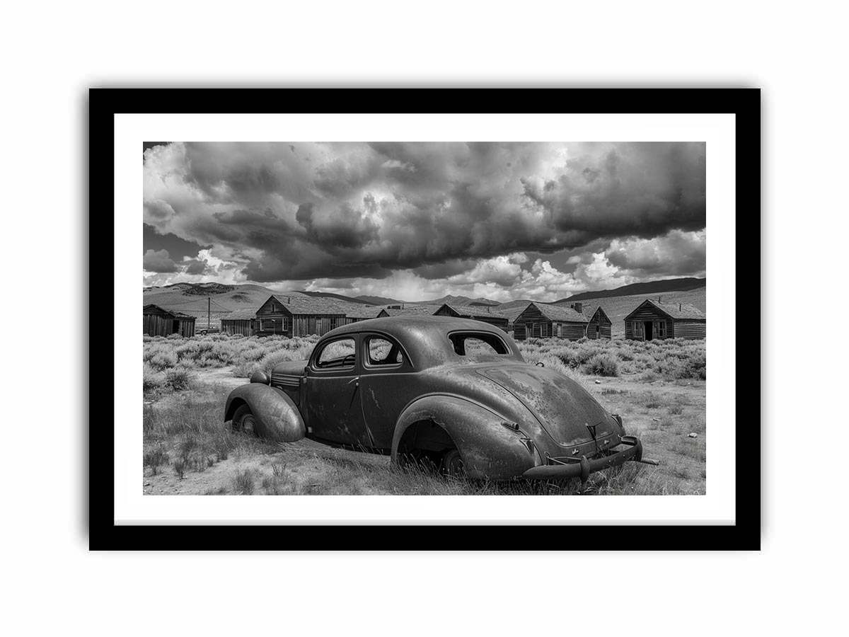 Vintage abandoned car photography for rustic office wall decor
