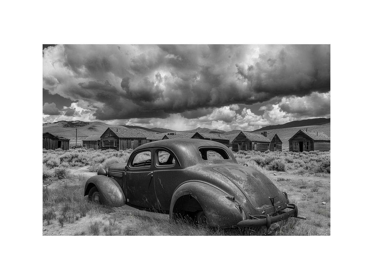 Vintage abandoned car photography for rustic office wall decor