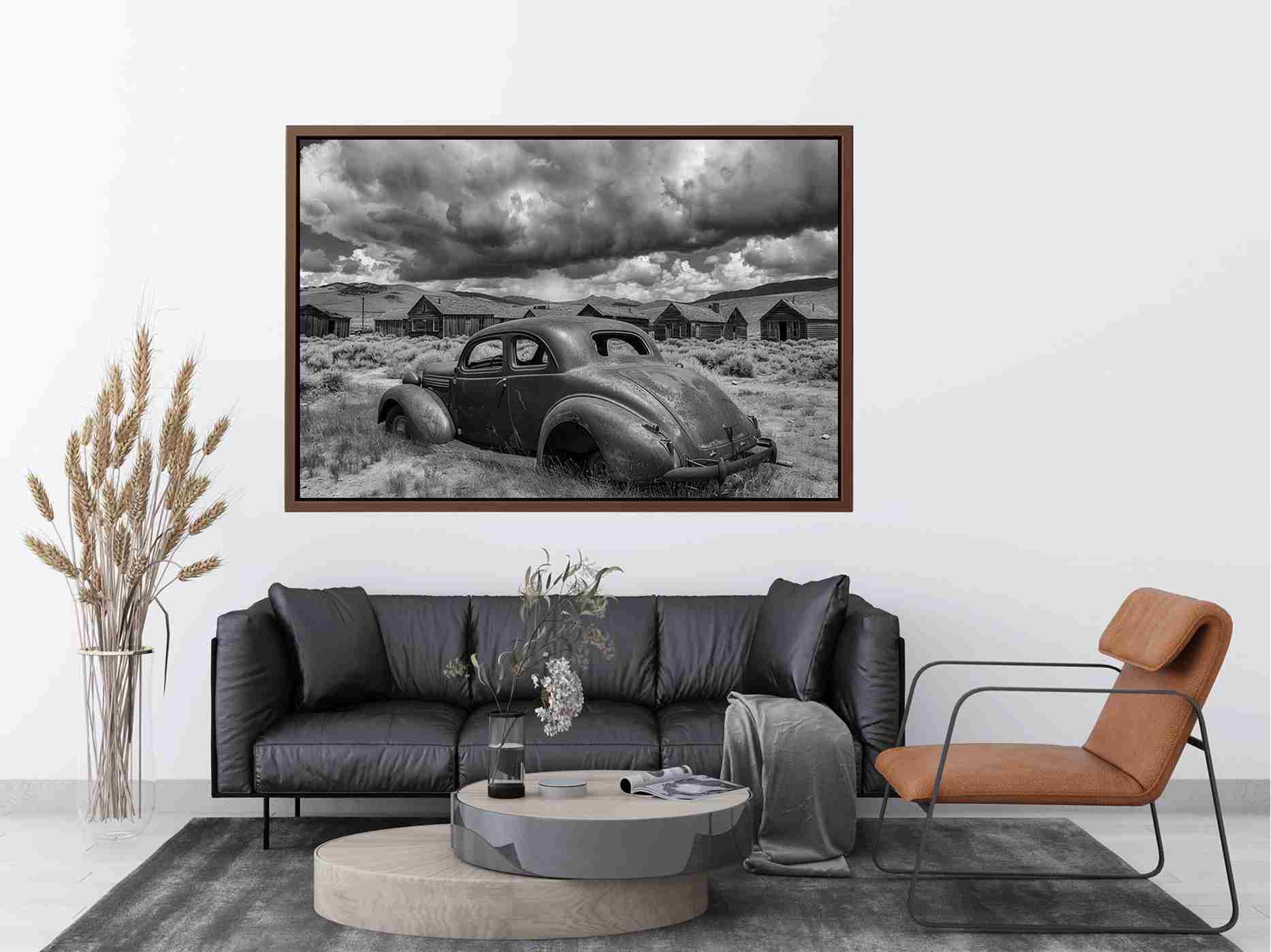 Vintage abandoned car photography for rustic office wall decor