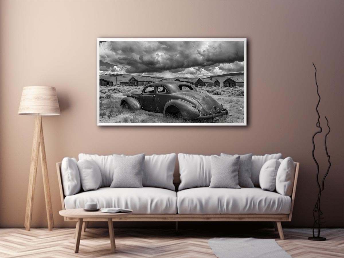 Vintage abandoned car photography for rustic office wall decor