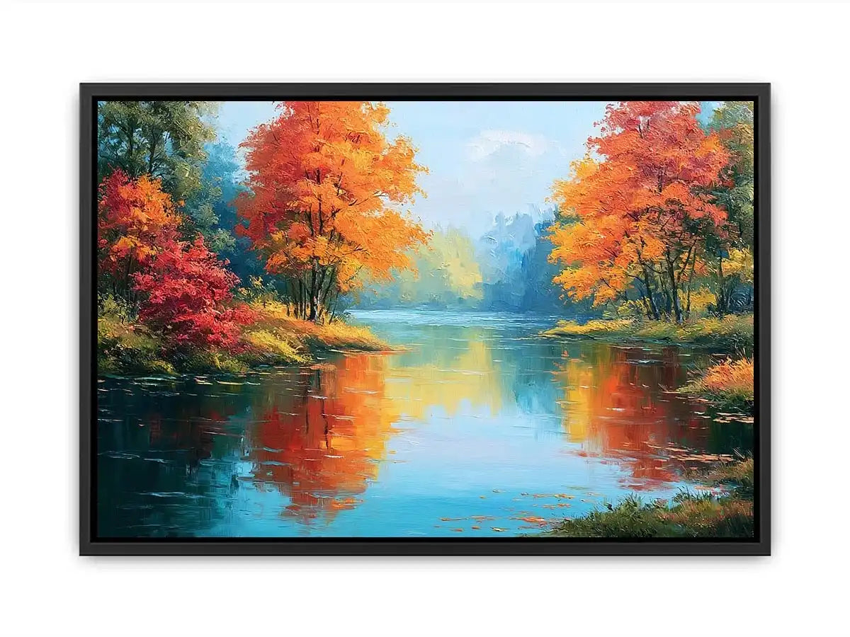 Autumn lake reflection canvas art with orange trees for peaceful living room decor.