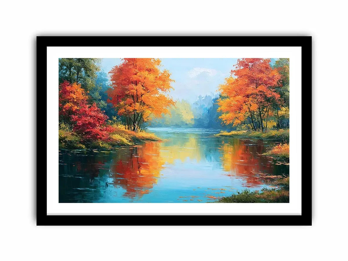 Autumn lake reflection canvas art with orange trees for peaceful living room decor.