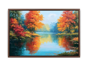 Autumn lake reflection canvas art with orange trees for peaceful living room decor.