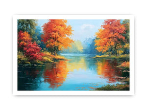 Autumn lake reflection canvas art with orange trees for peaceful living room decor.