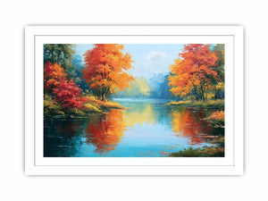 Autumn lake reflection canvas art with orange trees for peaceful living room decor.
