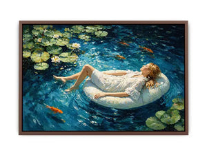 woman floating water painting, serene blue water wall art, dreamlike pond canvas artwork, modern impressionist woman art