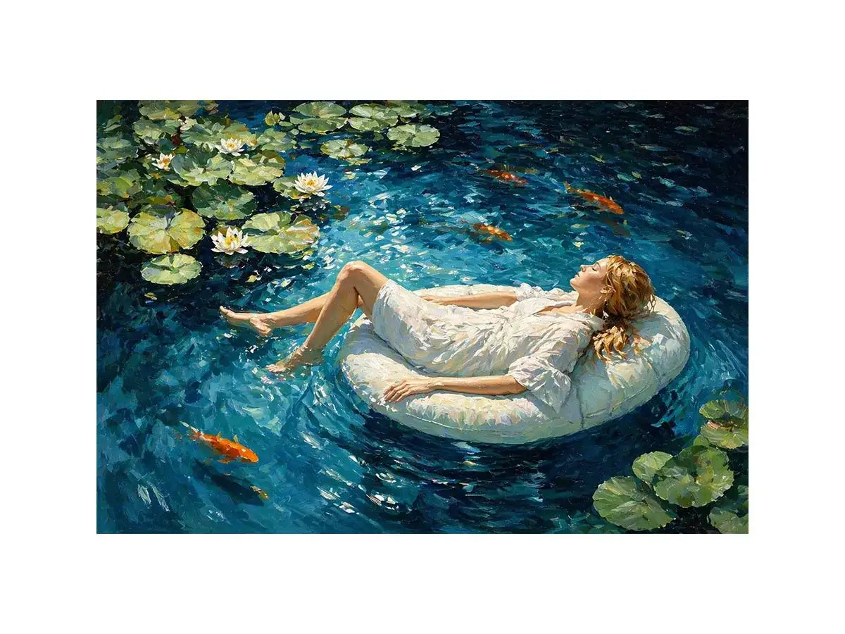 woman floating water painting, serene blue water wall art, dreamlike pond canvas artwork, modern impressionist woman art