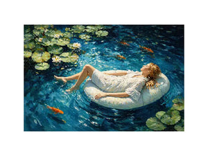 woman floating water painting, serene blue water wall art, dreamlike pond canvas artwork, modern impressionist woman art