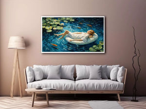woman floating water painting, serene blue water wall art, dreamlike pond canvas artwork, modern impressionist woman art