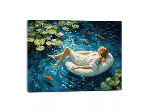 woman floating water painting, serene blue water wall art, dreamlike pond canvas artwork, modern impressionist woman art