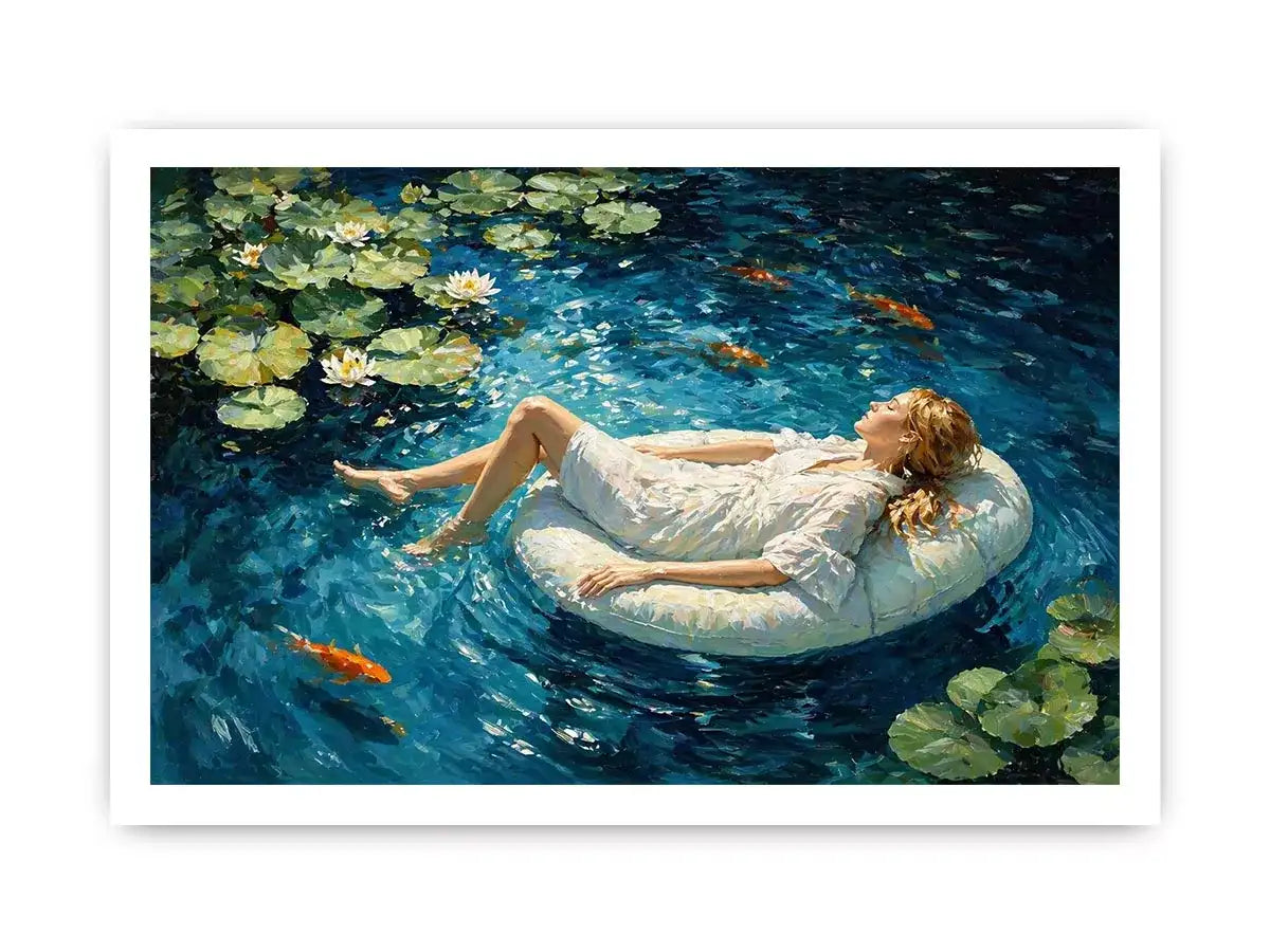 woman floating water painting, serene blue water wall art, dreamlike pond canvas artwork, modern impressionist woman art
