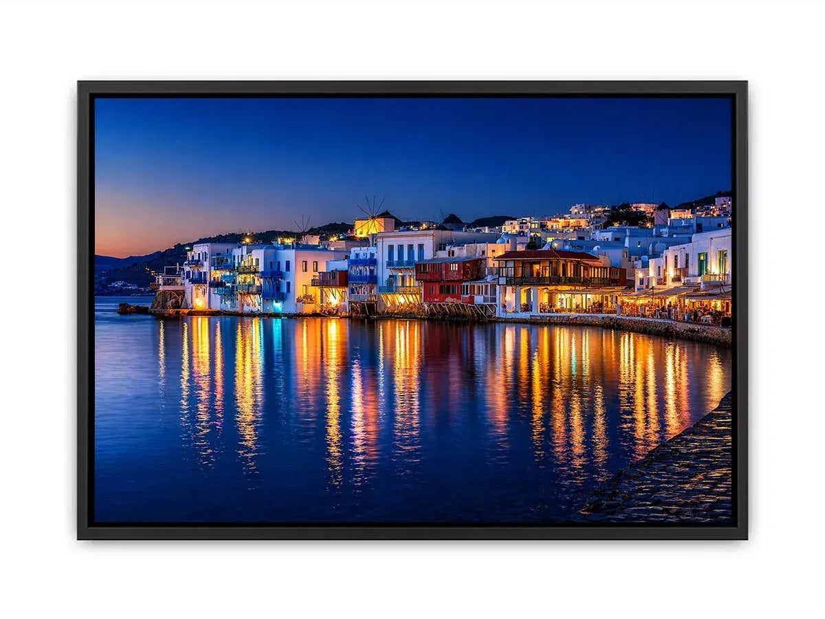 mediterranean coastal town night, harbor reflections wall art, blue hour seaside canvas, santorini style night painting