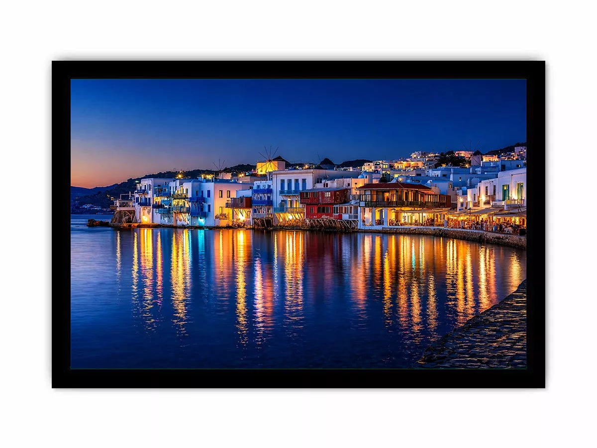 mediterranean coastal town night, harbor reflections wall art, blue hour seaside canvas, santorini style night painting