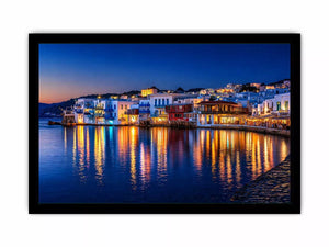 mediterranean coastal town night, harbor reflections wall art, blue hour seaside canvas, santorini style night painting