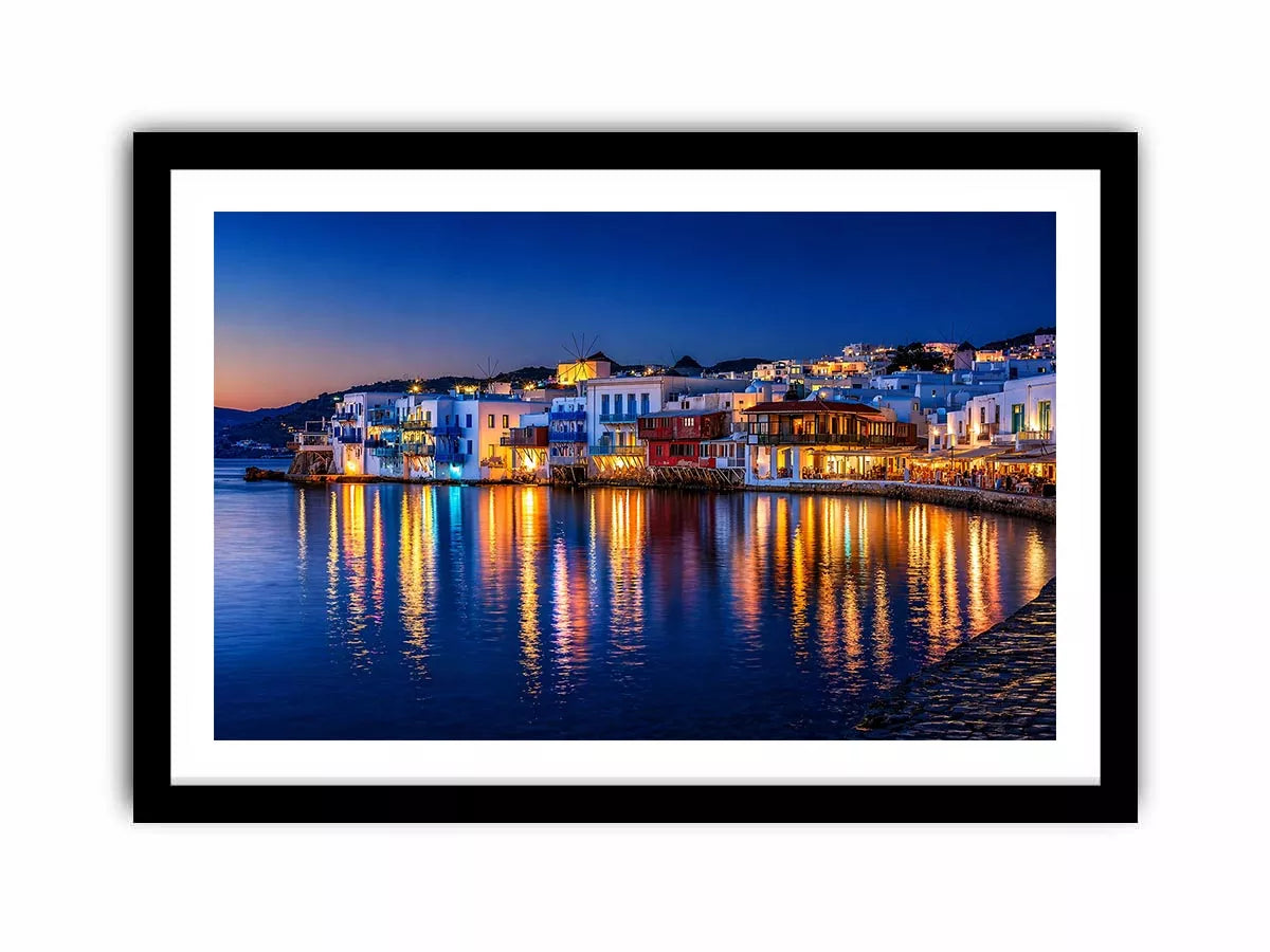 mediterranean coastal town night, harbor reflections wall art, blue hour seaside canvas, santorini style night painting