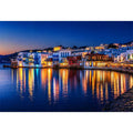 mediterranean coastal town night, harbor reflections wall art, blue hour seaside canvas, santorini style night painting