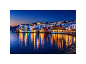 mediterranean coastal town night, harbor reflections wall art, blue hour seaside canvas, santorini style night painting