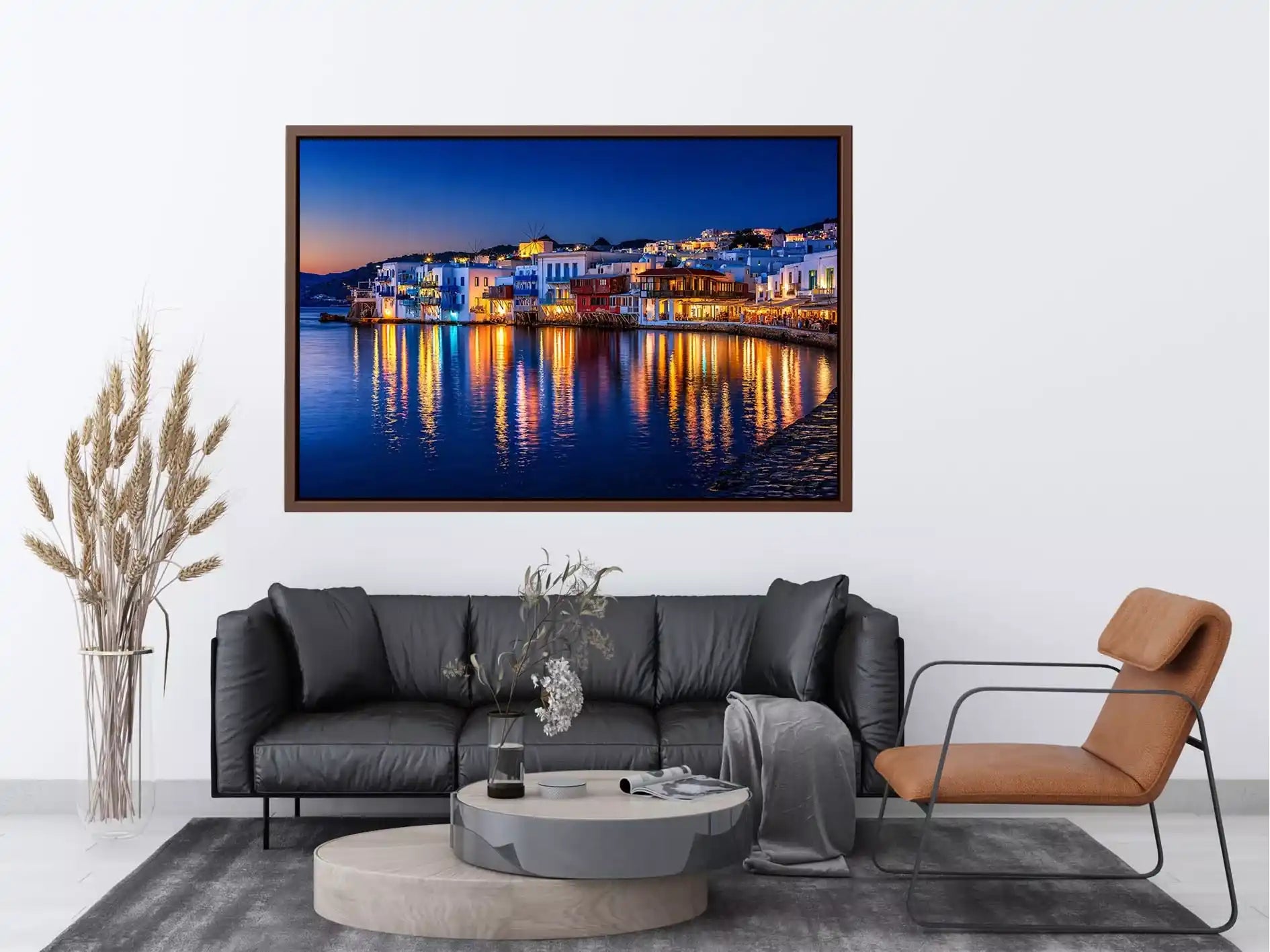 mediterranean coastal town night, harbor reflections wall art, blue hour seaside canvas, santorini style night painting