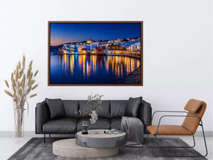 mediterranean coastal town night, harbor reflections wall art, blue hour seaside canvas, santorini style night painting