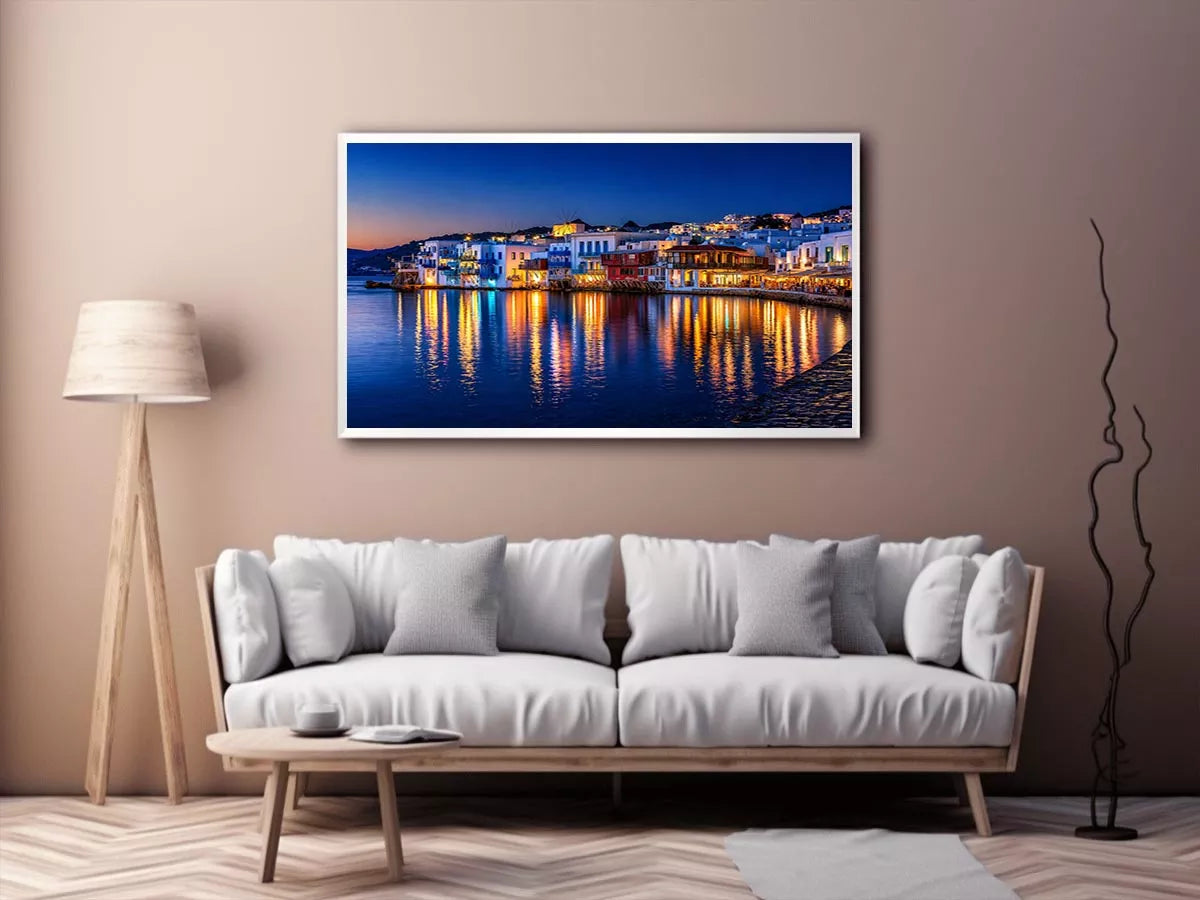 mediterranean coastal town night, harbor reflections wall art, blue hour seaside canvas, santorini style night painting