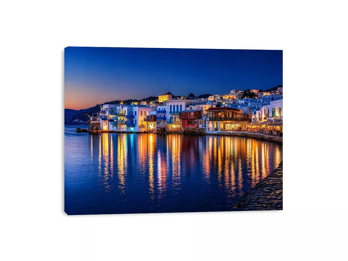 mediterranean coastal town night, harbor reflections wall art, blue hour seaside canvas, santorini style night painting