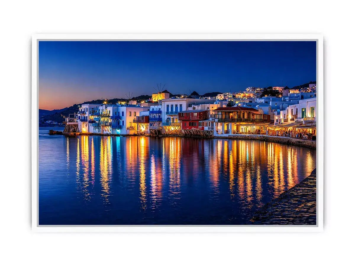 mediterranean coastal town night, harbor reflections wall art, blue hour seaside canvas, santorini style night painting