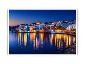 mediterranean coastal town night, harbor reflections wall art, blue hour seaside canvas, santorini style night painting