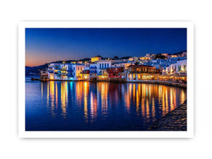 mediterranean coastal town night, harbor reflections wall art, blue hour seaside canvas, santorini style night painting
