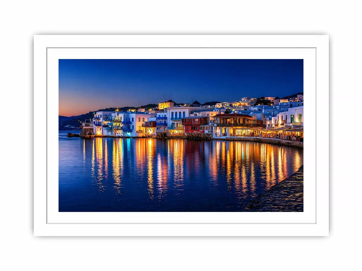 mediterranean coastal town night, harbor reflections wall art, blue hour seaside canvas, santorini style night painting