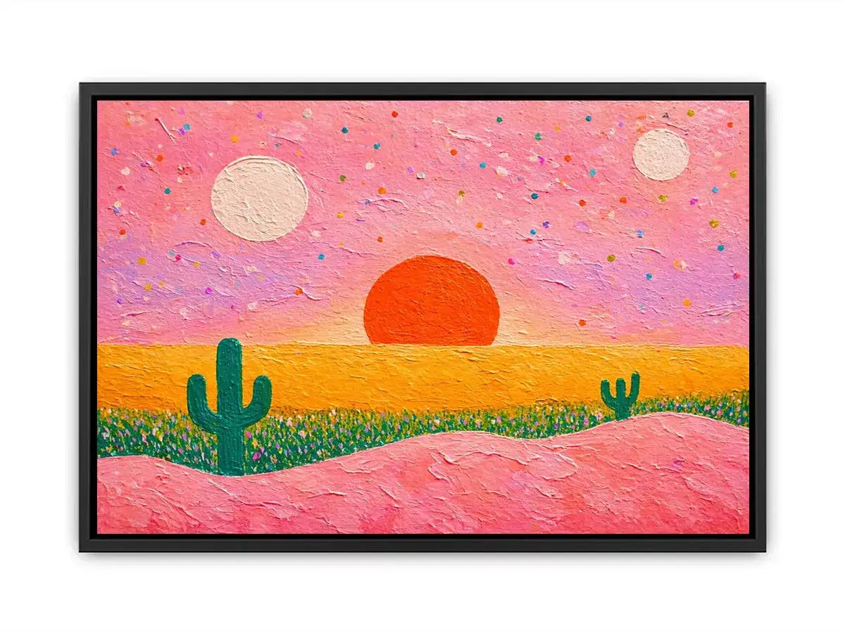 abstract desert sunset painting, pastel cactus wall art, modern colorful desert canvas, textured sunset abstract art