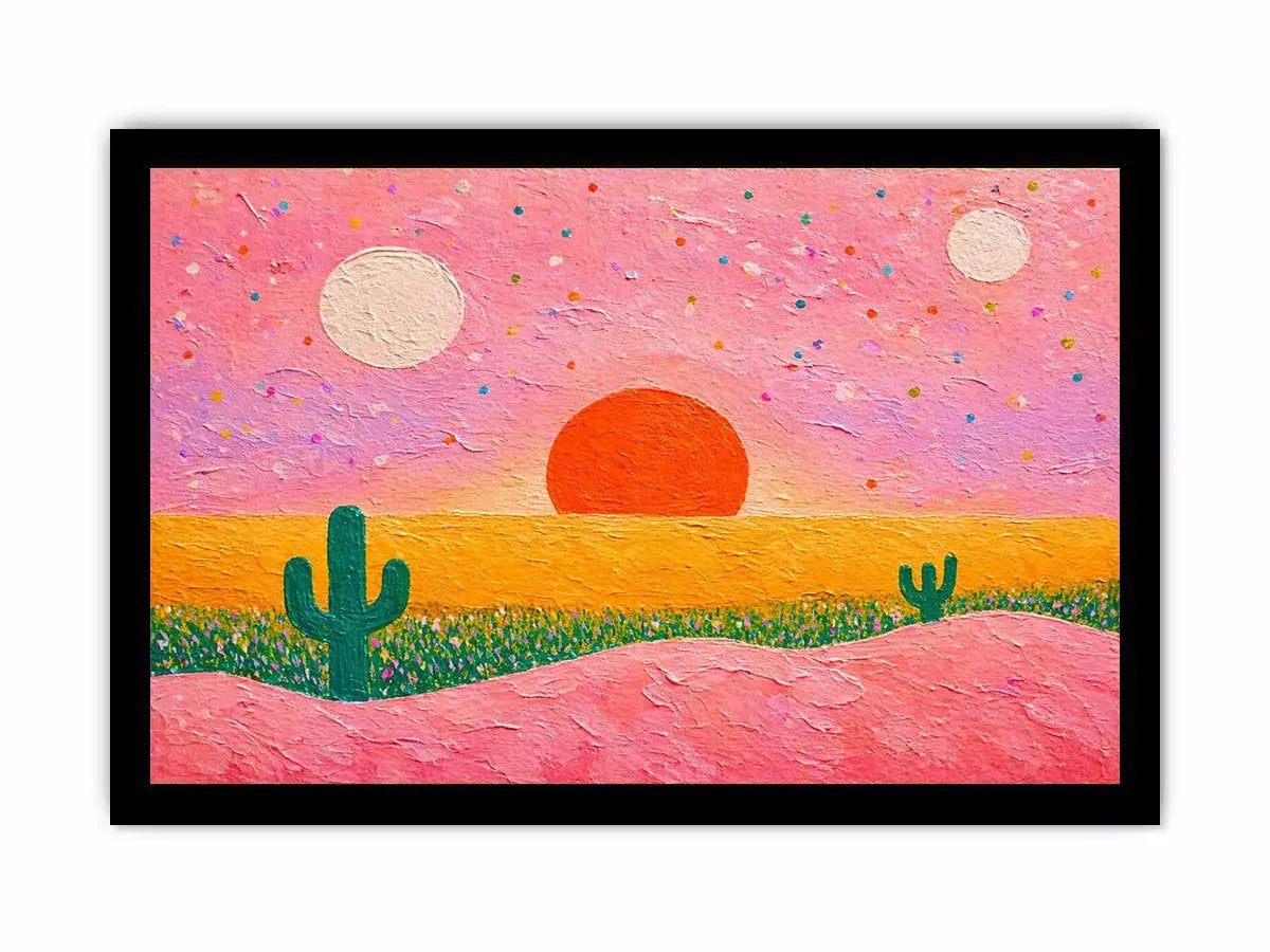 abstract desert sunset painting, pastel cactus wall art, modern colorful desert canvas, textured sunset abstract art