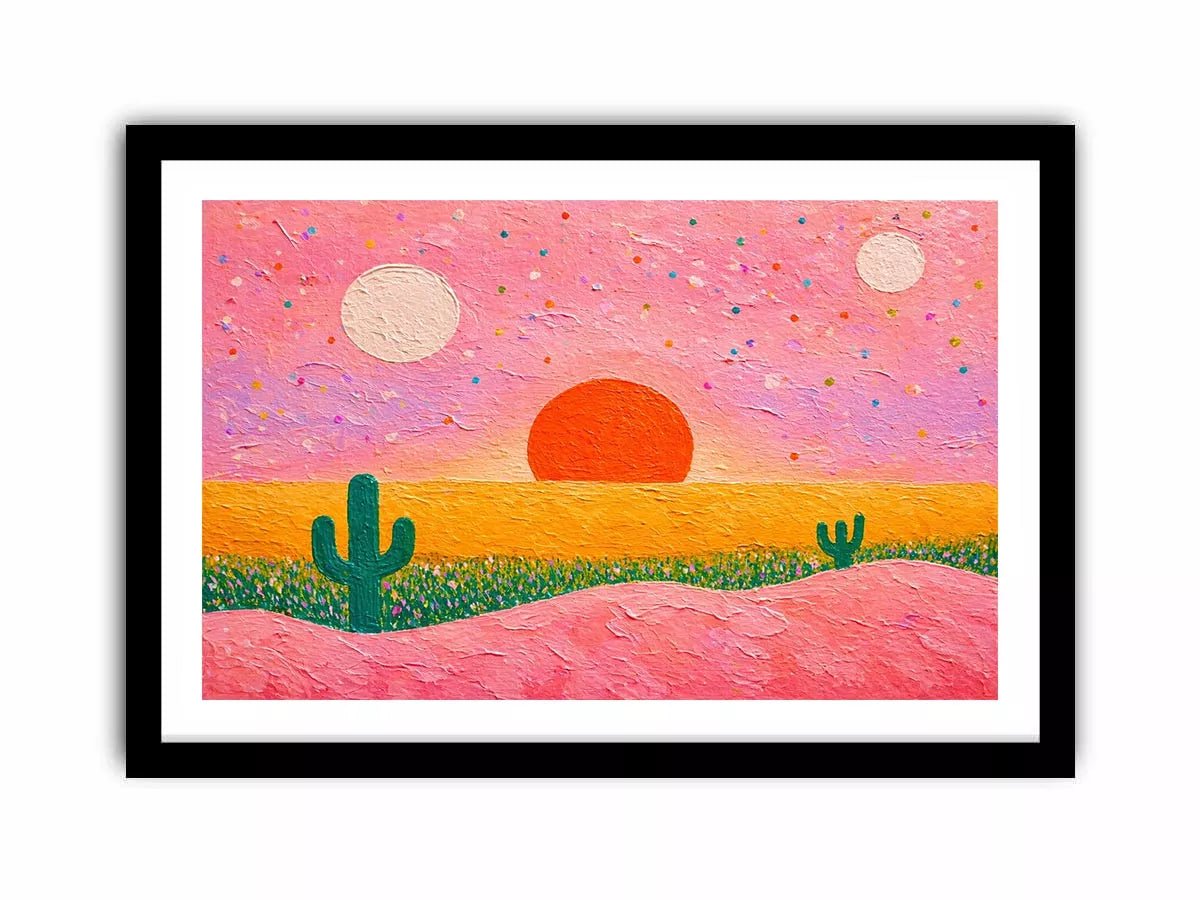 abstract desert sunset painting, pastel cactus wall art, modern colorful desert canvas, textured sunset abstract art