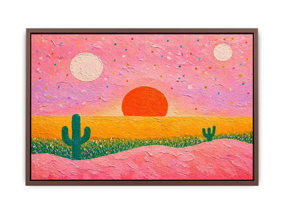 abstract desert sunset painting, pastel cactus wall art, modern colorful desert canvas, textured sunset abstract art