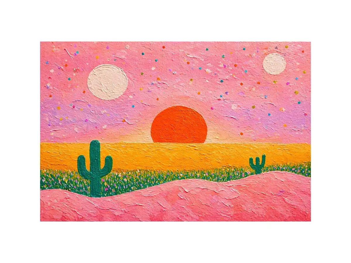 abstract desert sunset painting, pastel cactus wall art, modern colorful desert canvas, textured sunset abstract art