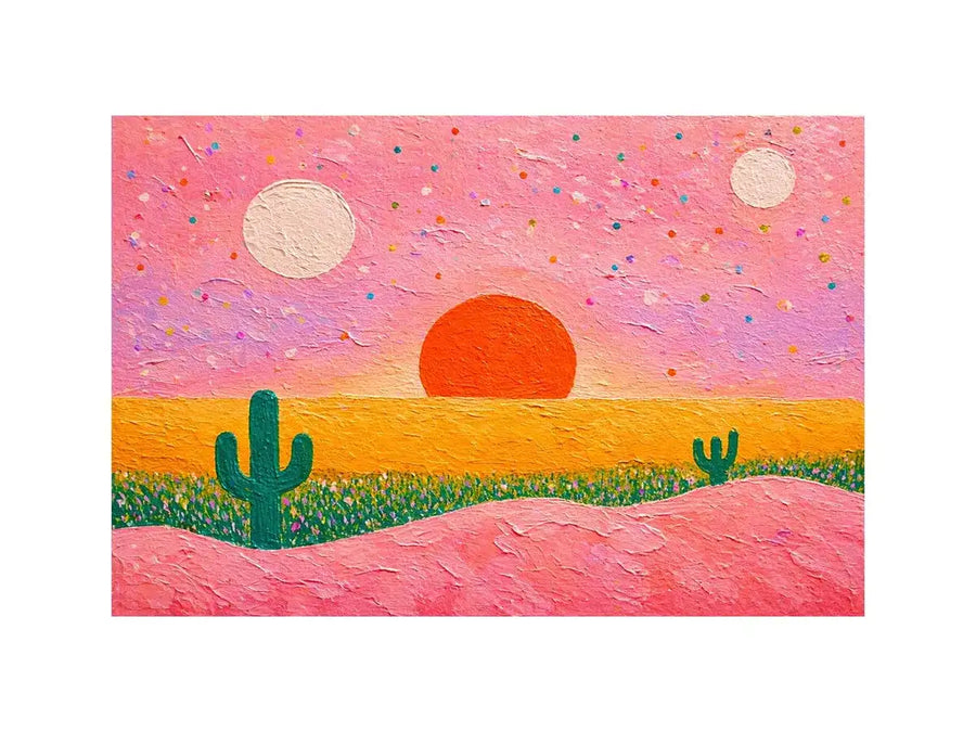 abstract desert sunset painting, pastel cactus wall art, modern colorful desert canvas, textured sunset abstract art