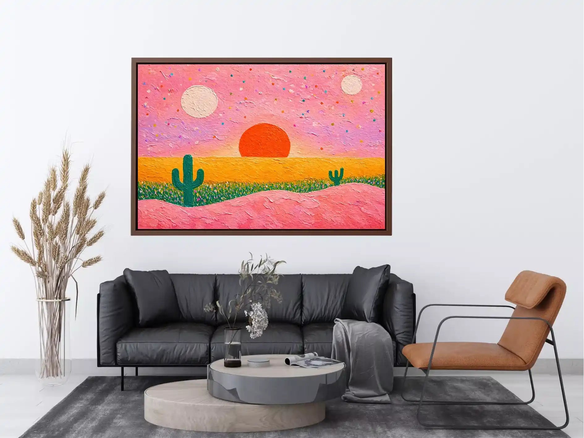 abstract desert sunset painting, pastel cactus wall art, modern colorful desert canvas, textured sunset abstract art