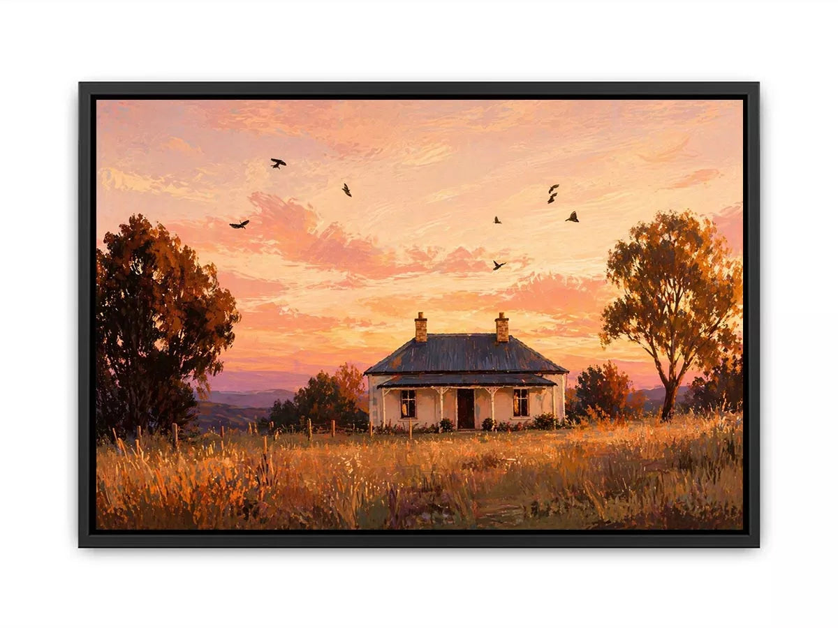 rustic cottage sunset painting, countryside landscape wall art, farmhouse sunset canvas, minimalist rural home artwork