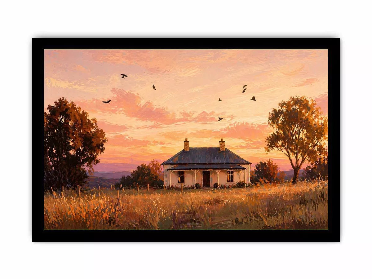 rustic cottage sunset painting, countryside landscape wall art, farmhouse sunset canvas, minimalist rural home artwork