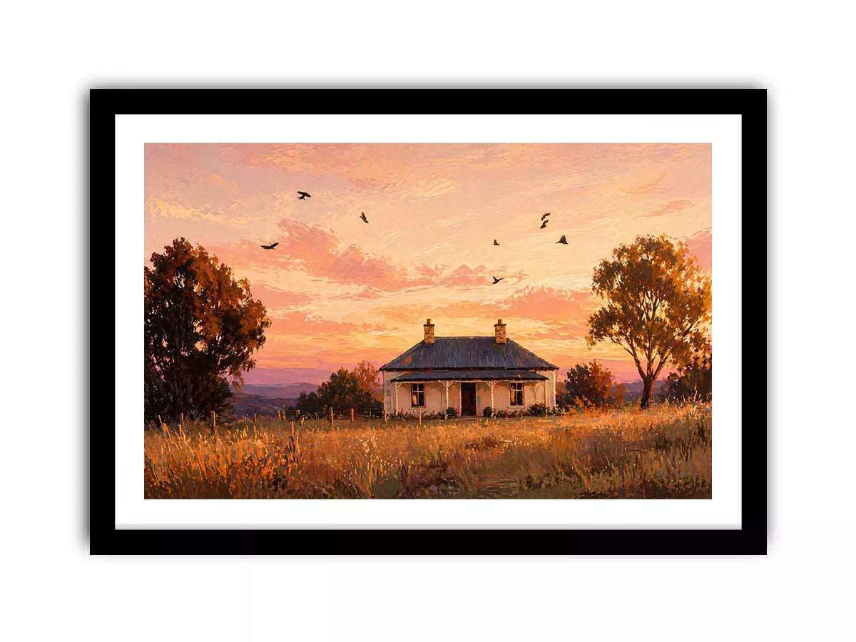 rustic cottage sunset painting, countryside landscape wall art, farmhouse sunset canvas, minimalist rural home artwork