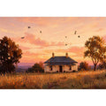 rustic cottage sunset painting, countryside landscape wall art, farmhouse sunset canvas, minimalist rural home artwork