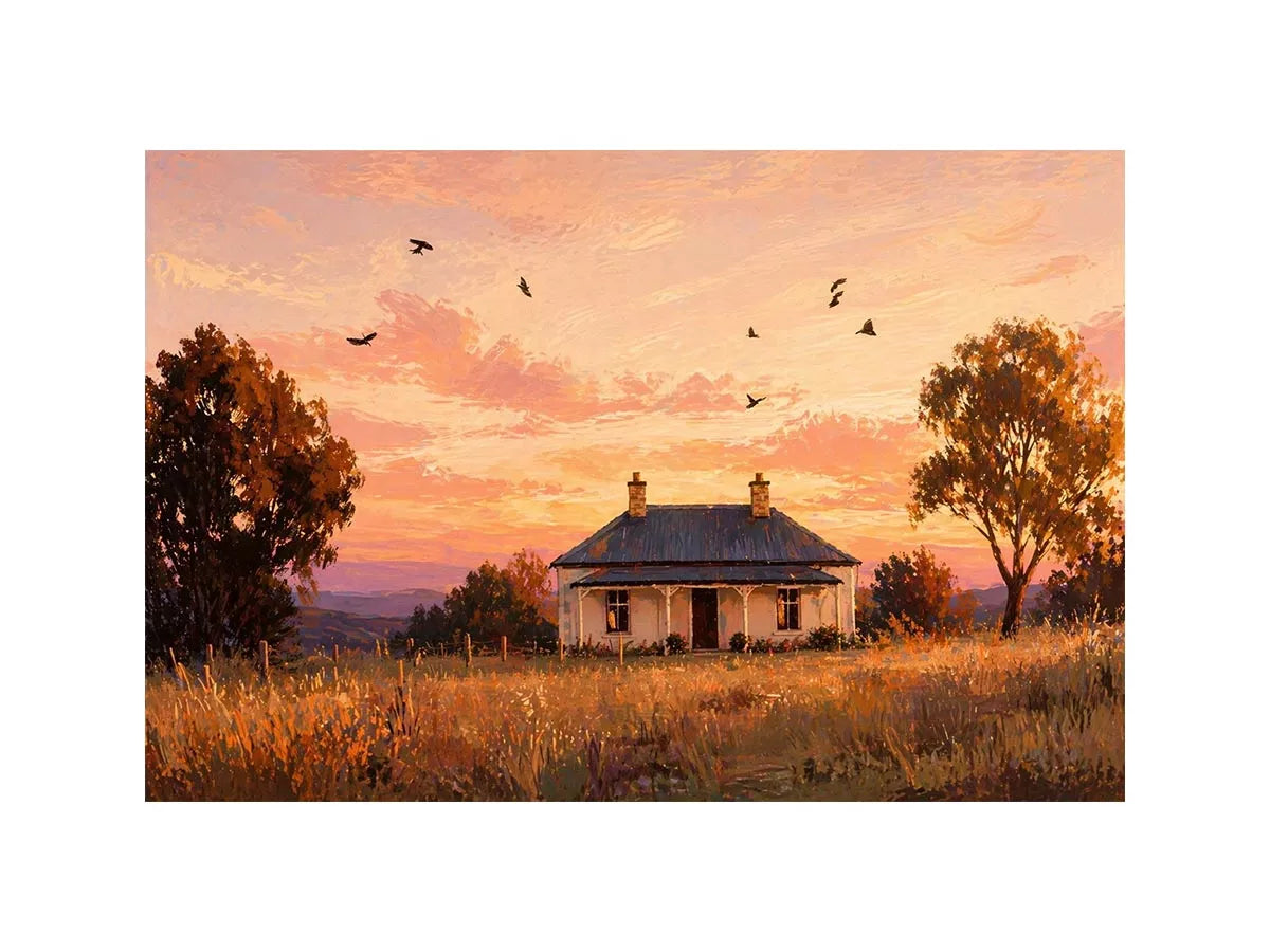 rustic cottage sunset painting, countryside landscape wall art, farmhouse sunset canvas, minimalist rural home artwork
