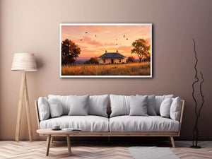 rustic cottage sunset painting, countryside landscape wall art, farmhouse sunset canvas, minimalist rural home artwork