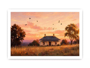 rustic cottage sunset painting, countryside landscape wall art, farmhouse sunset canvas, minimalist rural home artwork