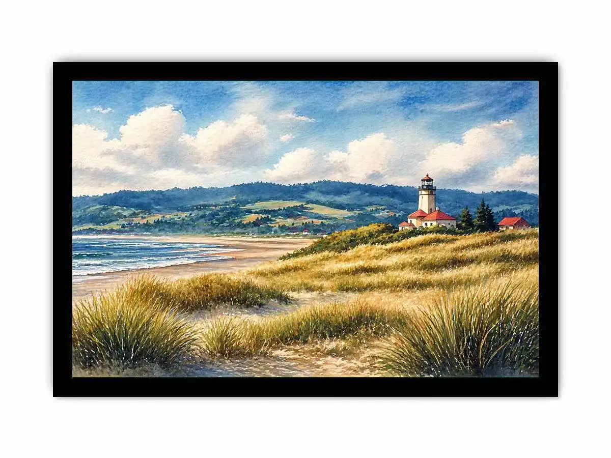 lighthouse watercolor landscape, coastal nature wall art, serene seaside painting, beach grass lighthouse canvas